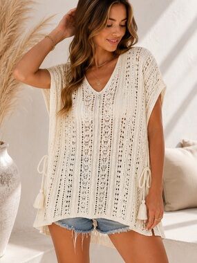 Boho Crochet Tunic Top Ivory Open Knit Side Tie Tassel Women’s L NWOT